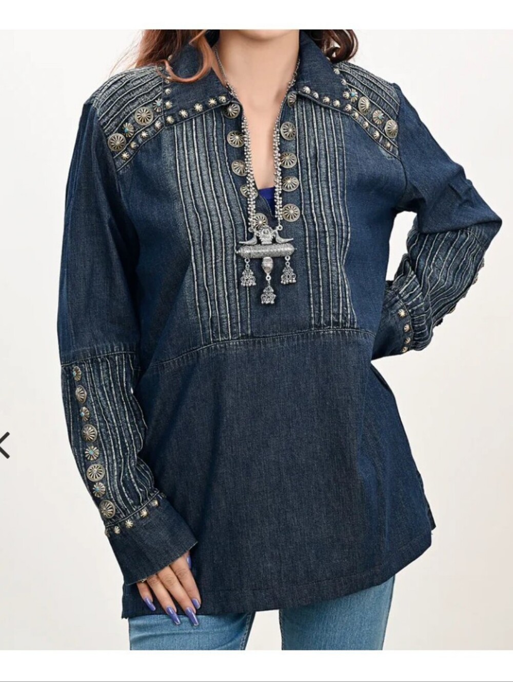 American Darling Denim Shirt Tunic with Conchos Western Stampede Rodeo Size S